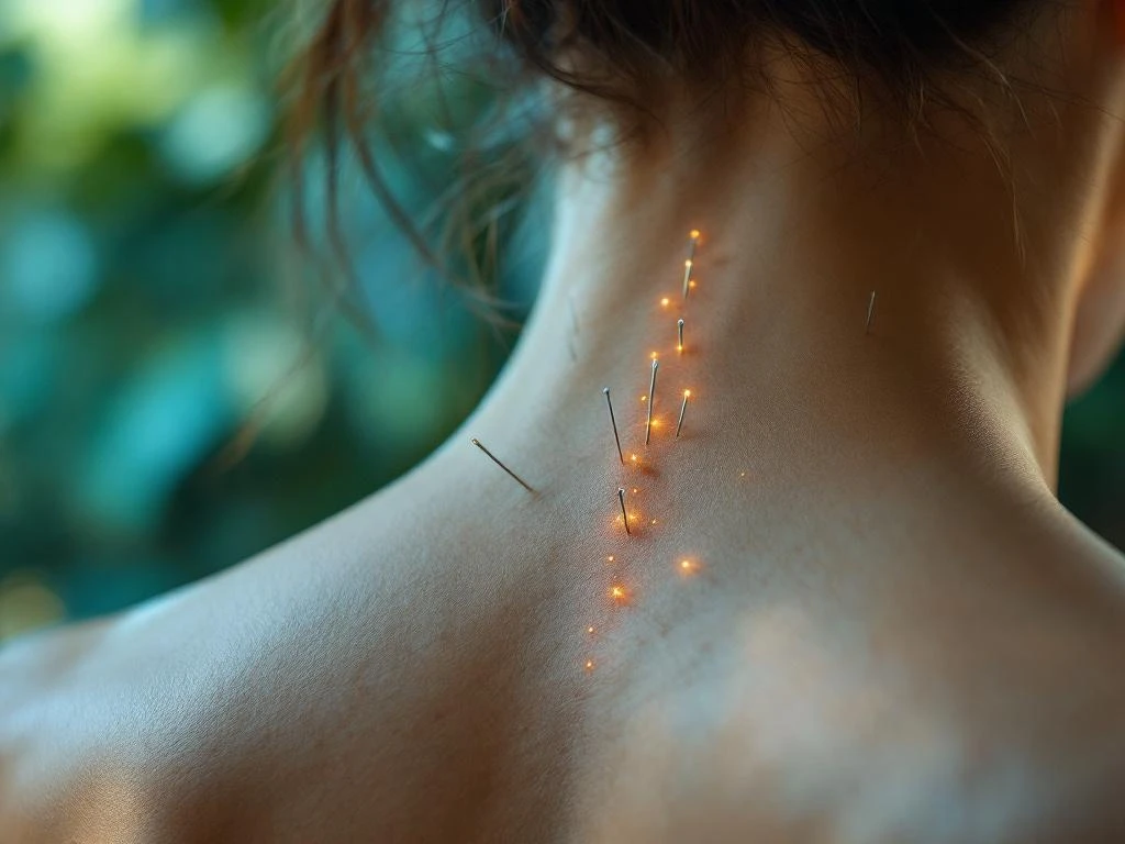 Acupunctuurbehandeling van nek en schouders met fijne naalden, professionele therapeutische zorg in rustgevende omgeving