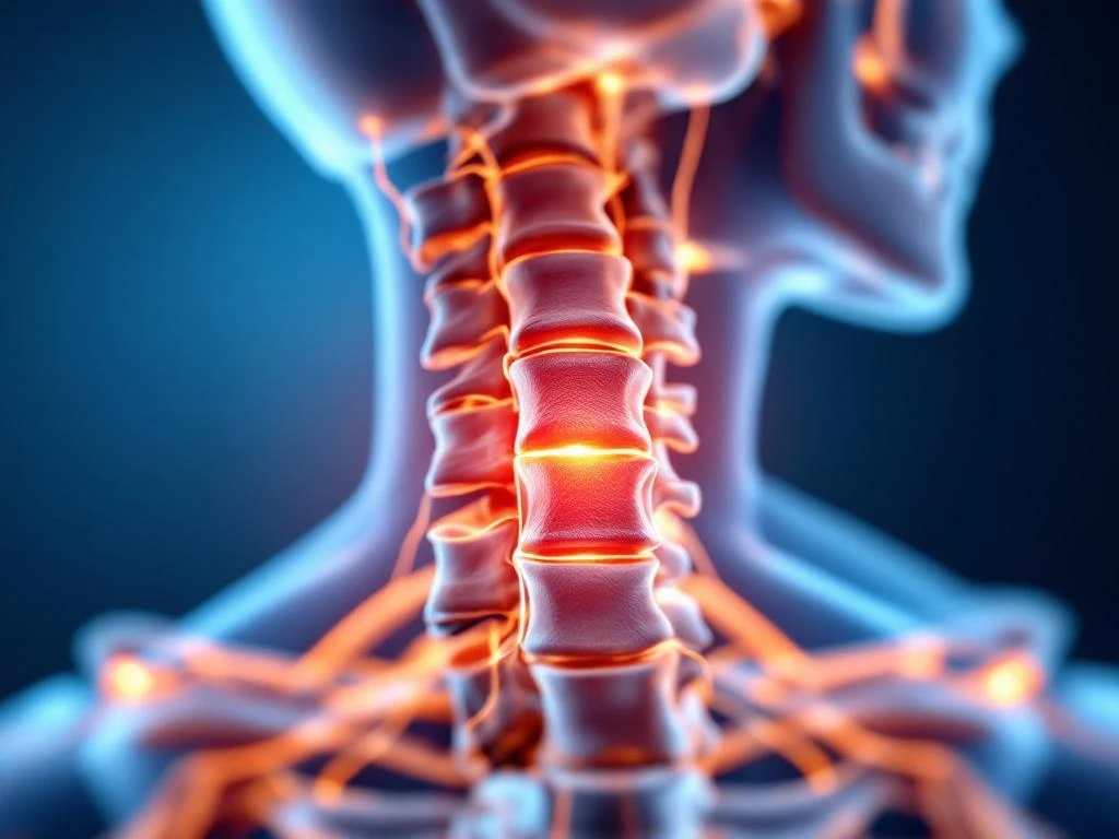 Dwarsdoorsnede van cervicale wervelkolom met gemarkeerde hernia tussen wervels, zenuwbanen en ruggenmerg zichtbaar