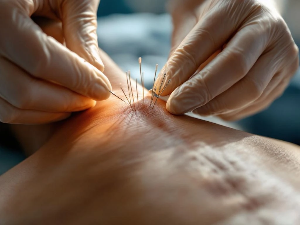 Medische professional voert dry needling behandeling uit op nek met dunne acupunctuur naalden in triggerpunten