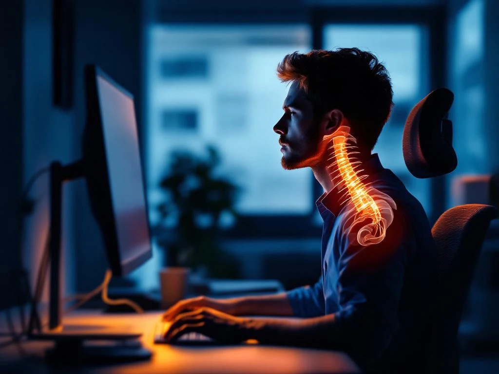 Persoon met nekklachten door slecht ingerichte werkplek met te laag computerscherm en slechte bureaustoel