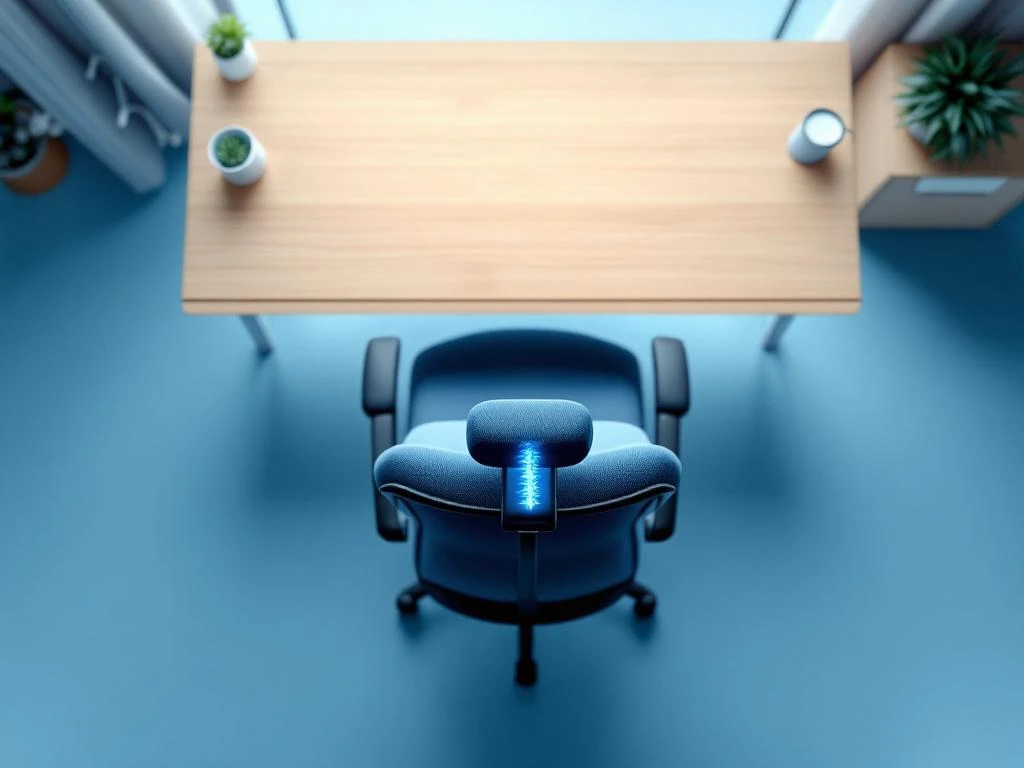 Ergonomische bureaustoel aan houten bureau met ruggensteun die juiste houding en wervelkolomuitlijning toont