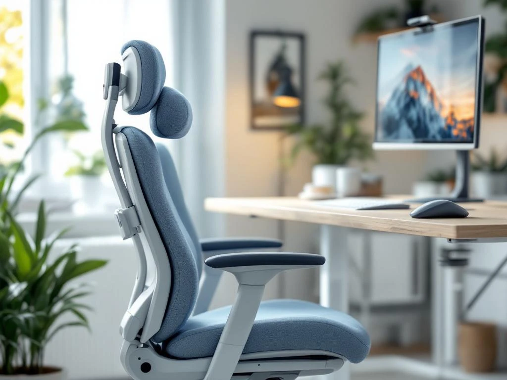 Ergonomische bureaustoel met lumbale steun bij verstelbaar sta-bureau in lichte thuiswerkplek met planten
