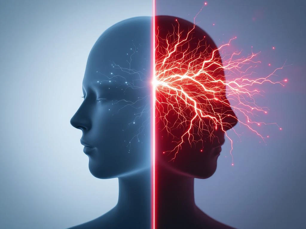 Vergelijking van hoofdpijn versus migraine: twee hoofdsilhouetten met blauwe en rode verlichting op medische achtergrond
