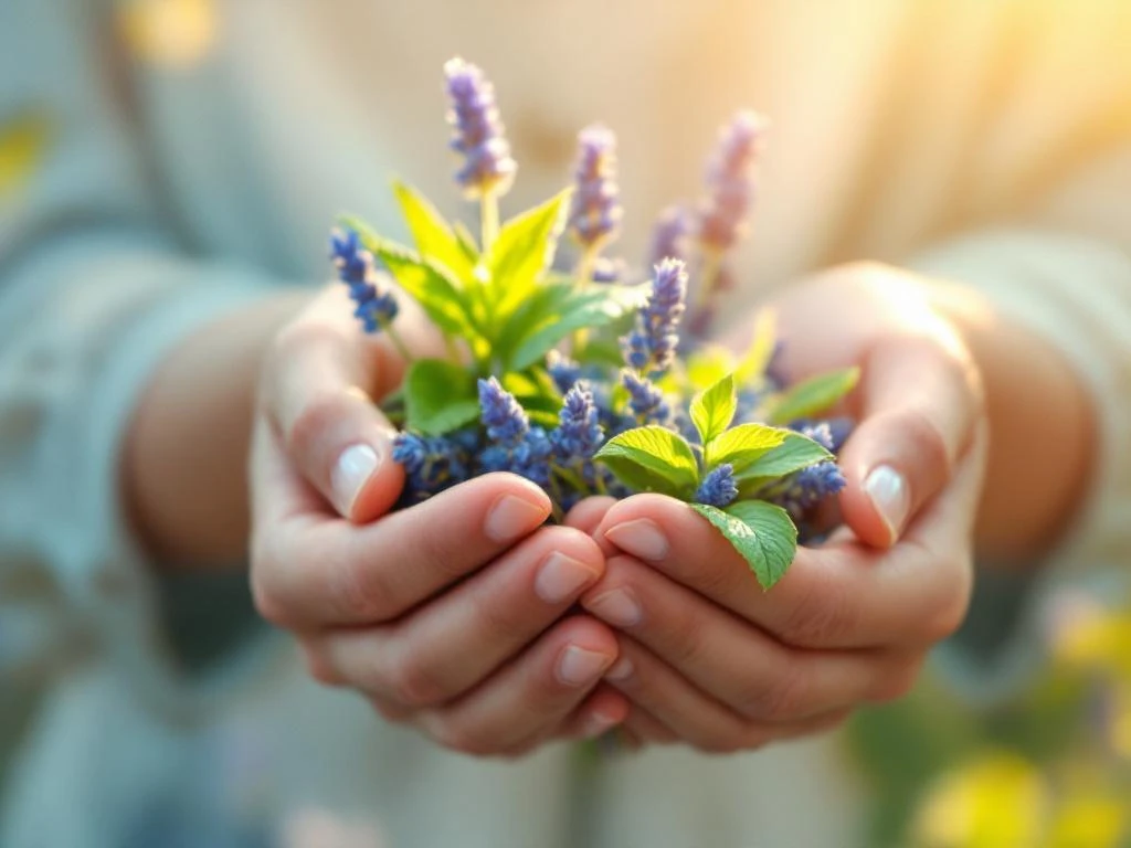 Handen houden verse lavendel en pepermunt met essentiële oliedruppels voor natuurlijke migraine behandeling