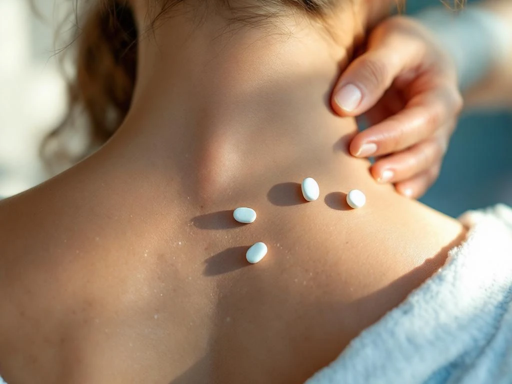 Persoon masseert nek met magnesium supplementen capsules op witte ondergrond, gezondheidszorg concept