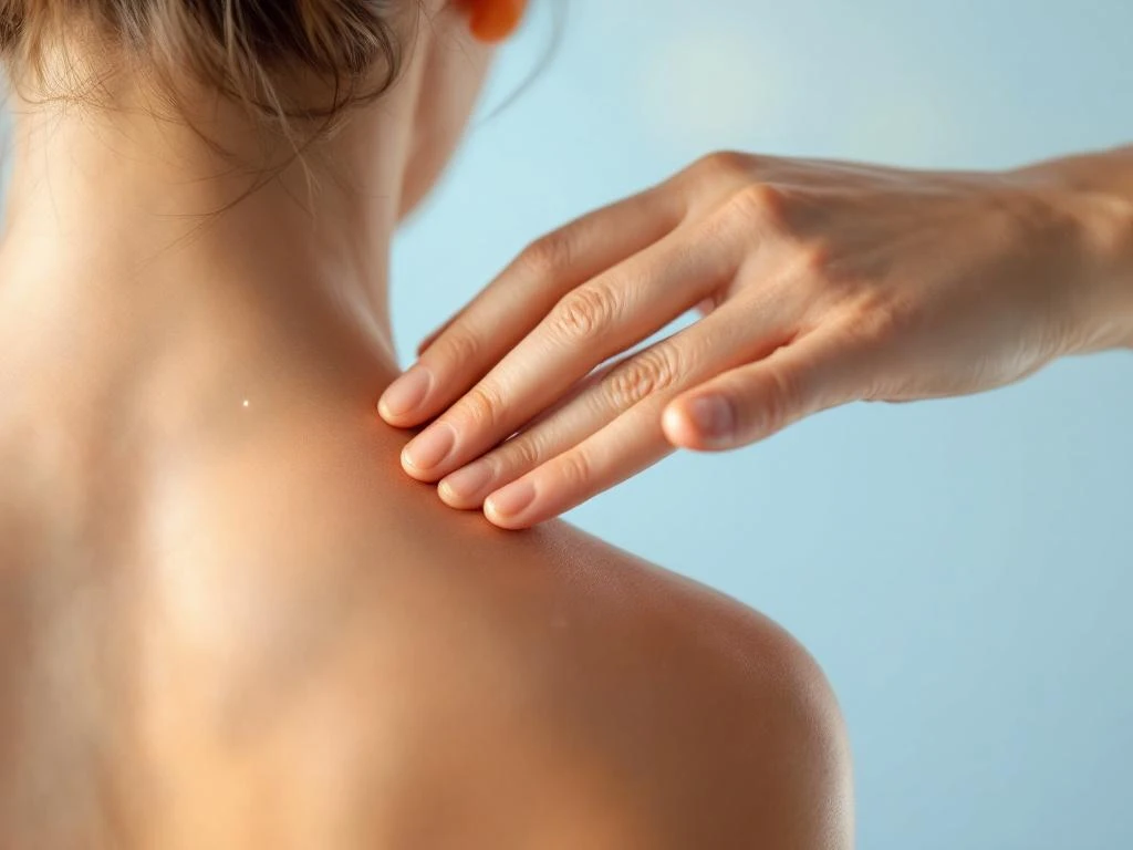 Persoon masseert nek van achteren tegen rustgevende blauwe achtergrond, therapeutische handplaatsing voor stressverlichting