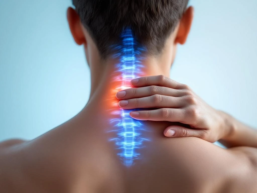 Persoon masseert nek van achteren met zachte verlichting, focus op nekzorg en ruggengraat gezondheid