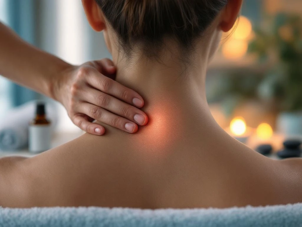 Persoon ontvangt nekmassage in rustgevende spa-omgeving met handdoeken, oliën en ontspanningsaccessoires