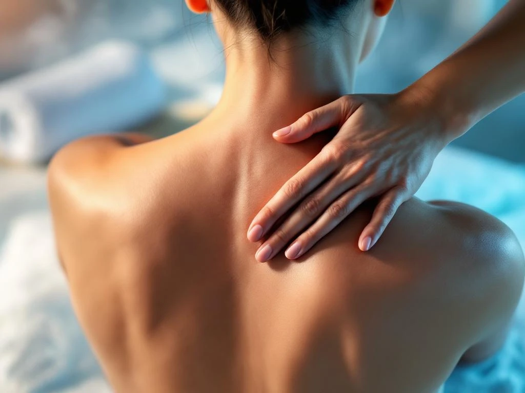 Persoon masseert nek van achteren, met ijspak en handdoek voor therapeutische behandeling in zachte verlichting