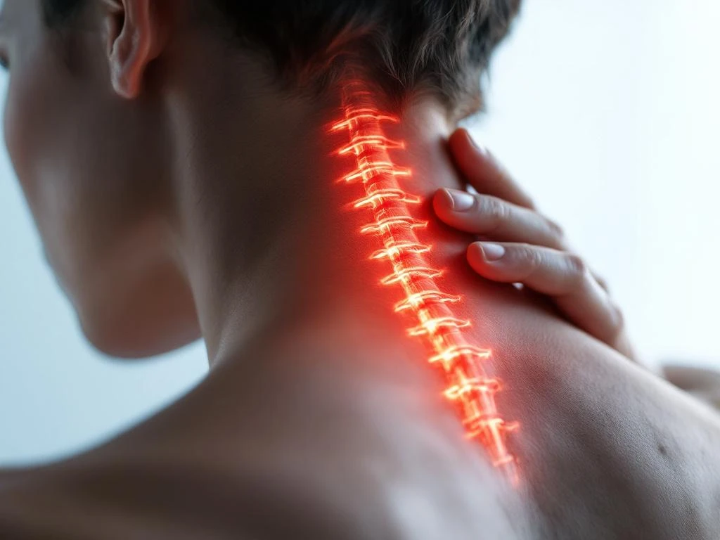Persoon raakt pijnlijke nek aan met rode gloeiende pijnpunten langs cervicale wervelkolom op medische achtergrond