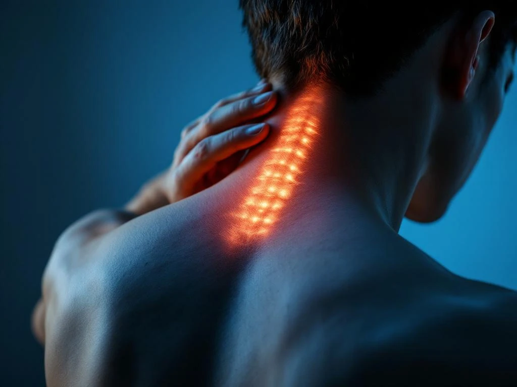 Persoon raakt nek aan vanwege nekpijn, close-up van achterkant met dramatische verlichting op cervicale wervelkolom