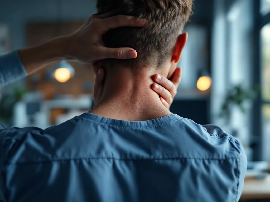Persoon masseert gespannen nek en schouders op kantoorwerkplek, benadrukt werkgerelateerde spierpijn