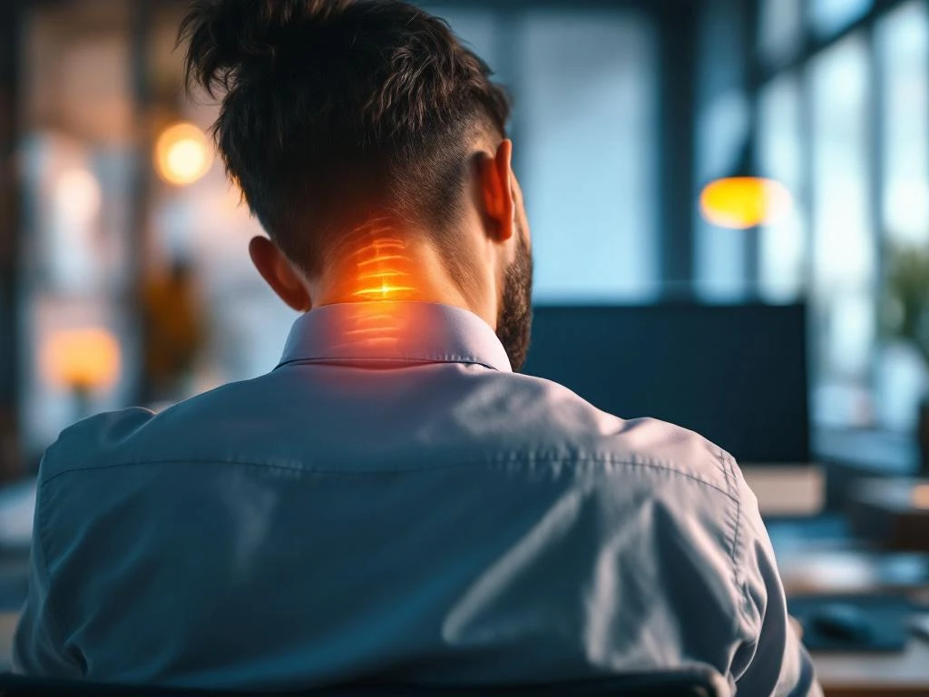 Kantoorwerker met nekspanning zit aan ergonomisch bureau, close-up van nek en schouders toont werkgerelateerde pijn