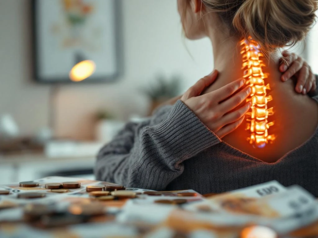 Persoon raakt pijnlijke nek aan met Euro geld op voorgrond in moderne chiropractie kliniek
