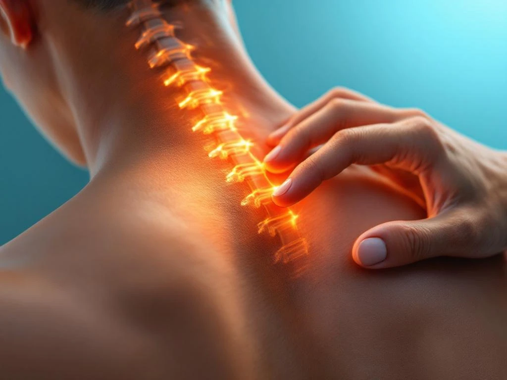 Persoon ontvangt nektherapie met hand die zachtjes nek masseert, anatomische ruggengraat overlay zichtbaar