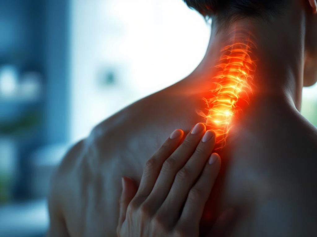 Persoon raakt pijnlijke nek aan van achteren gezien, zachte verlichting benadrukt anatomie in klinische omgeving