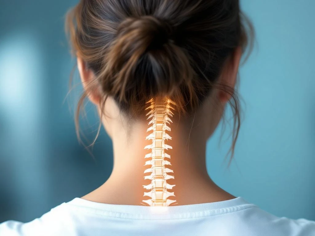Persoon met perfecte nekhouding en spinale uitlijning, anatomische overlay toont gezonde cervicale wervels in medische setting