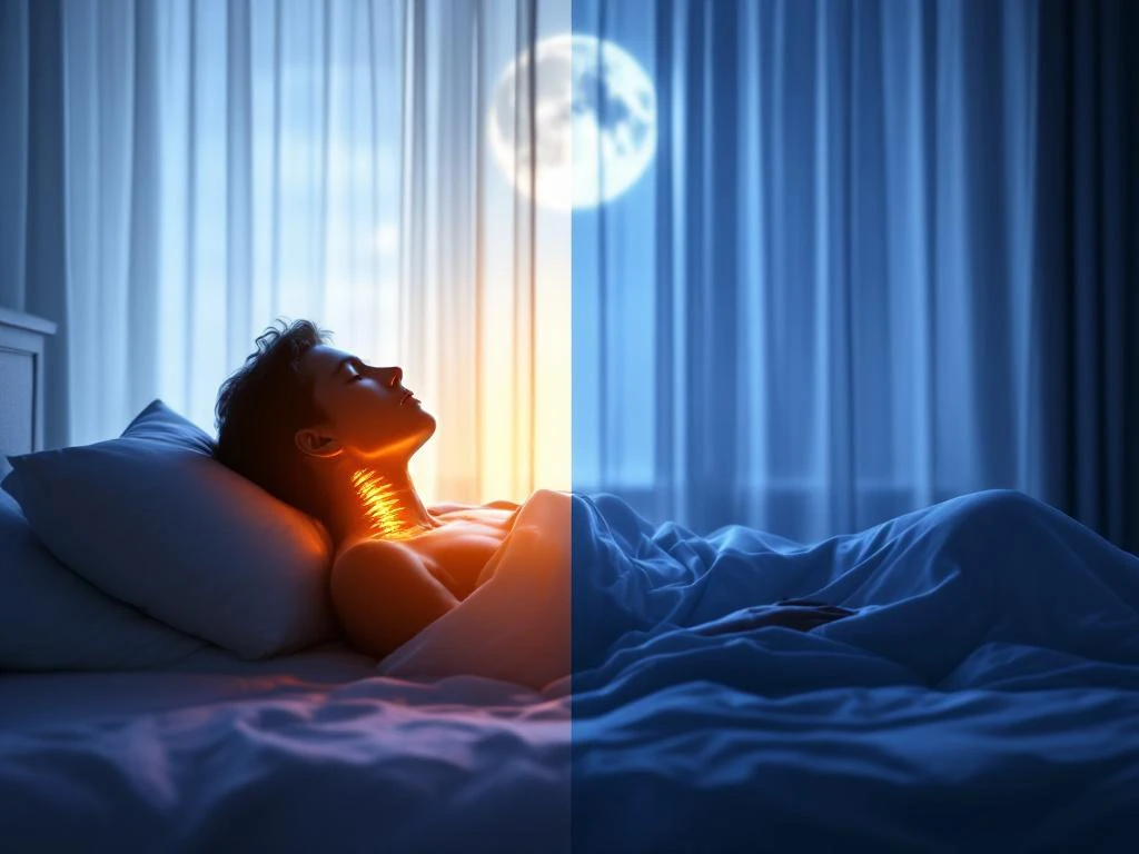 Persoon in bed met nekpijn links versus vredige slaap rechts, medische illustratie met pijnpunten in oranje-rood