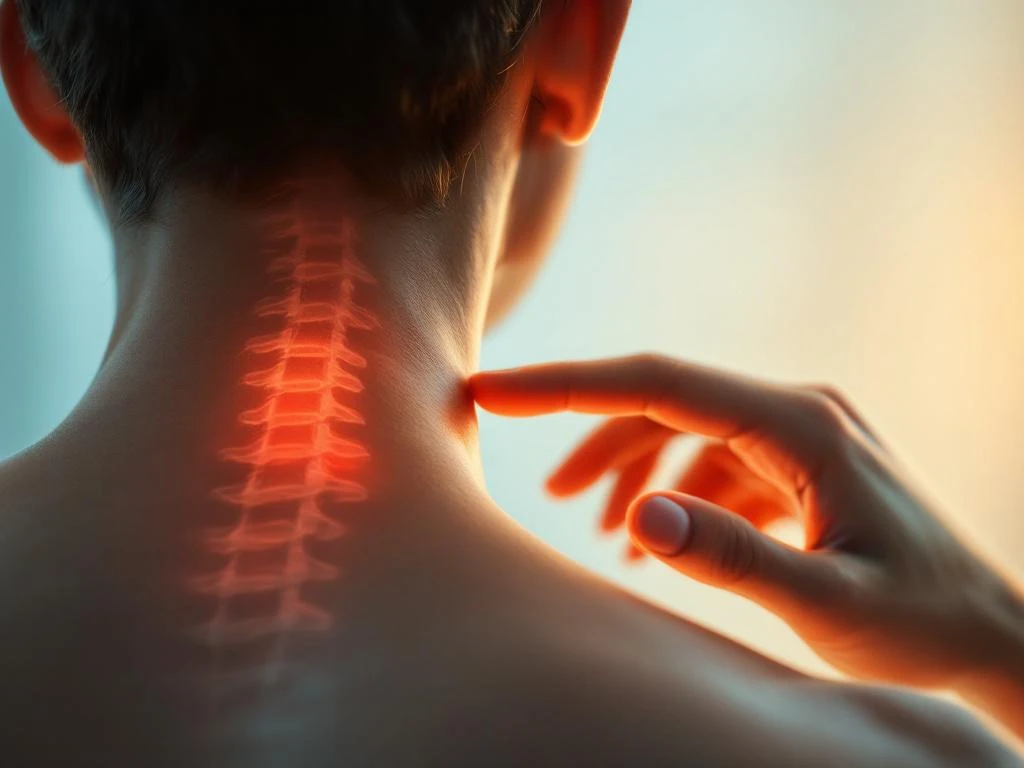 Persoon raakt nek aan vanwege ongemak, close-up van achteren met zachte verlichting en blauwe achtergrond