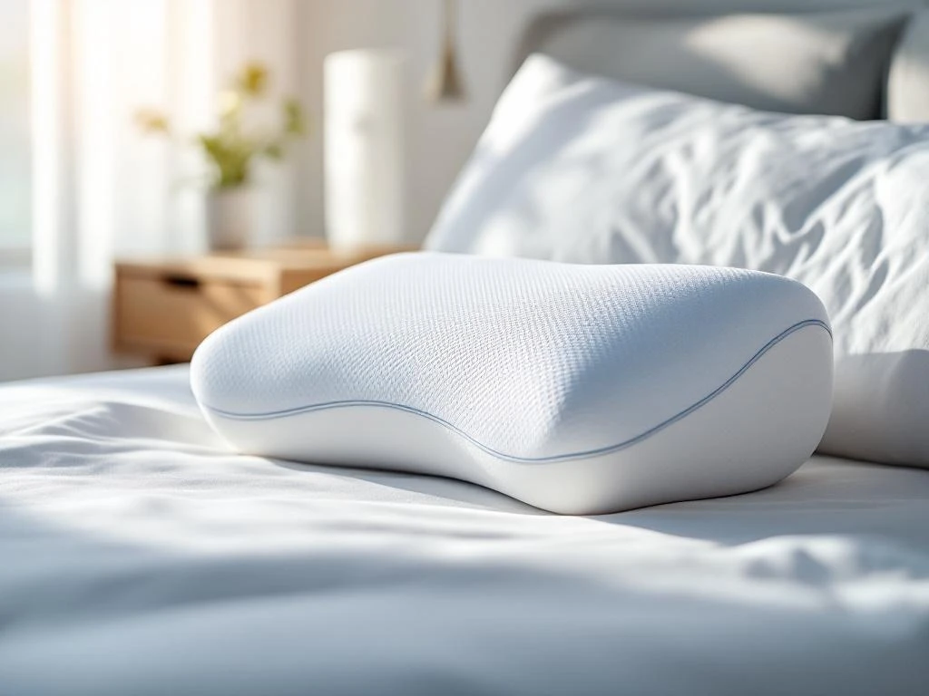 Ergonomisch orthopedisch kussen met geheugenschuim op wit beddengoed, met natuurlijk licht en houten nachtkastje