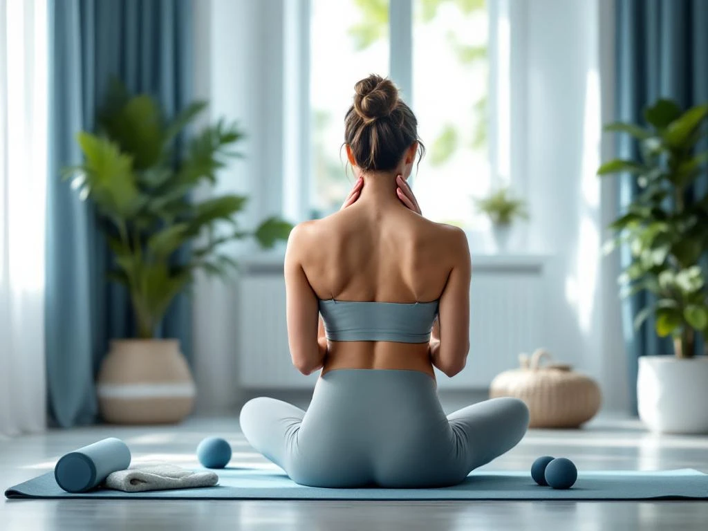Zwangere vrouw doet nekrek-oefening in rustige kamer met yogamat en natuurlijk licht