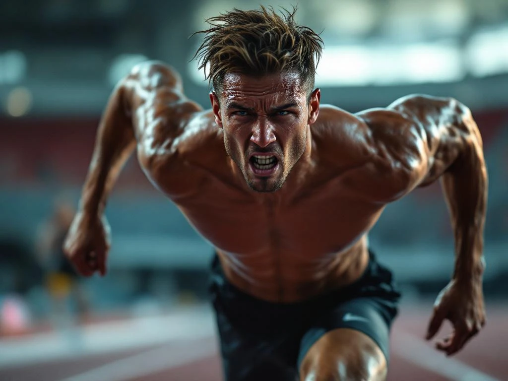 Atleet met hoofdpijn tijdens sprint op atletiekbaan, zwetend en uitgeput in stadion