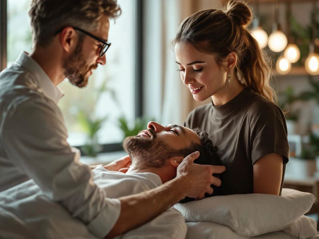 Chiropractor onderzoekt voorzichtig de nek van een ontspannen patiënt in een moderne, goed verlichte behandelkamer
