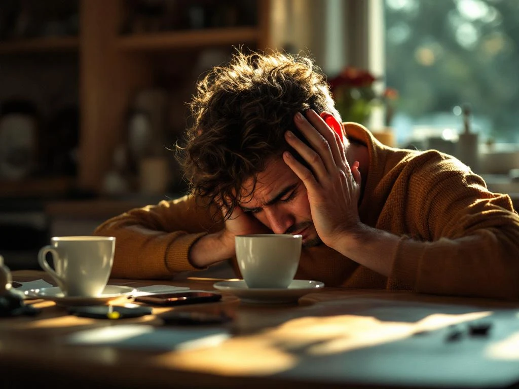 Persoon zit aan keukentafel met hoofd in handen, ochtendlicht valt op ongedronken koffie en sleutels op tafel