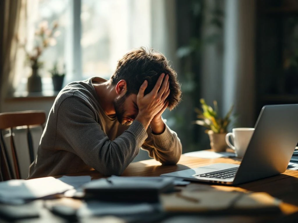 Persoon met hoofdpijn zit uitgeput aan bureau met laptop, papers en lege koffiemok, toont impact chronische pijn