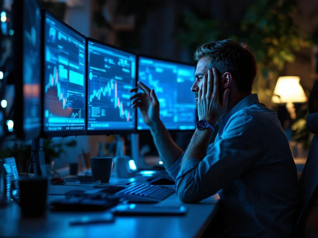 Persoon wrijft over slapen van hoofdpijn door blauw computerschermlicht op modern kantoor bureau