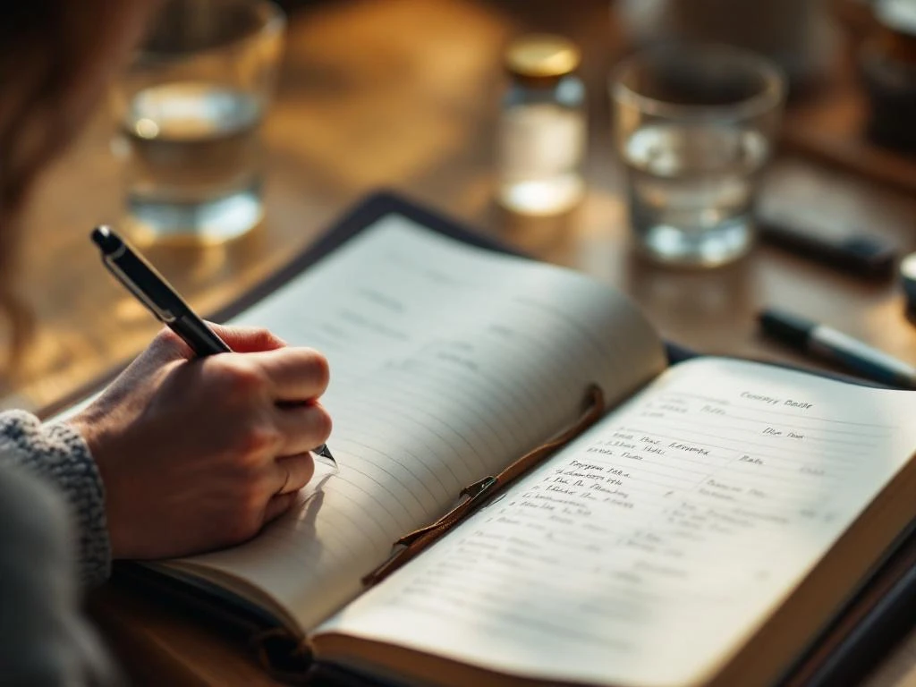 Hand schrijft in leren dagboek met symptoomtracking, medicijnflesje en waterglas op houten bureau bij raamlicht