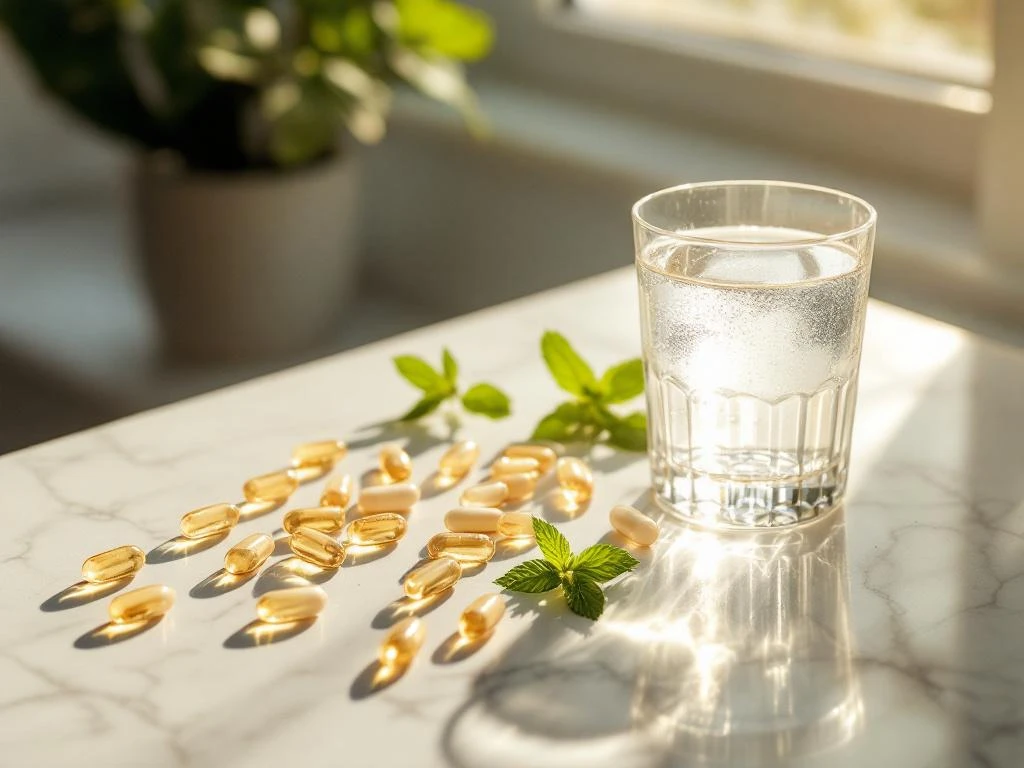 Dietary supplement capsules and tablets arranged on white marble countertop beside glass of water with mint leaves