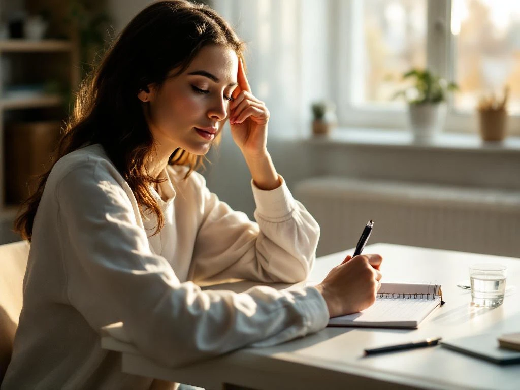 Persoon zit aan bureau met pen boven medisch tijdschrift, hand tegen slaap in nadenkende houding bij raam