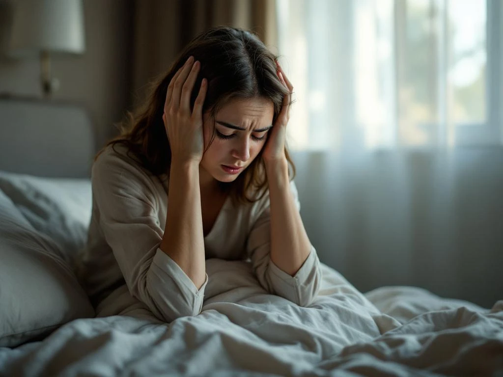 Persoon zit op bedrand met hoofdpijn, houdt hoofd vast en grijpt lakens, ogen dicht van ongemak in slaapkamer