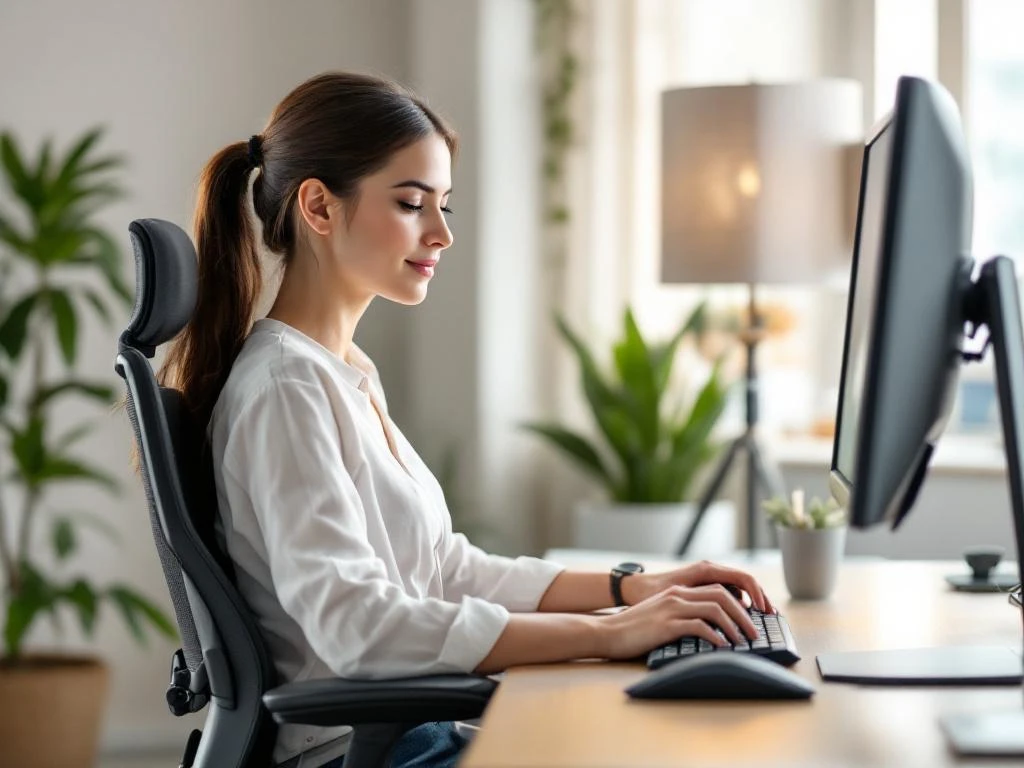 Professionele vrouw werkt ontspannen aan ergonomisch bureau met verstelbare monitor en ondersteunende bureaustoel