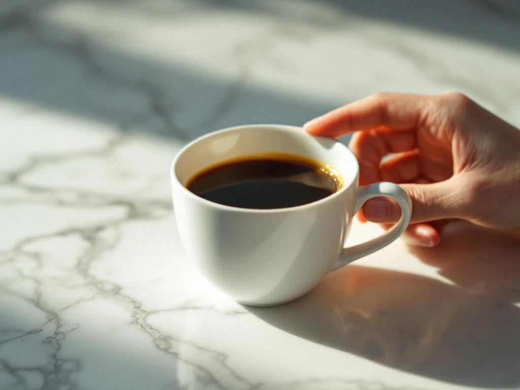 Witte koffiekop met espresso op marmeren oppervlak, hand bij slaap in achtergrond, natuurlijk licht