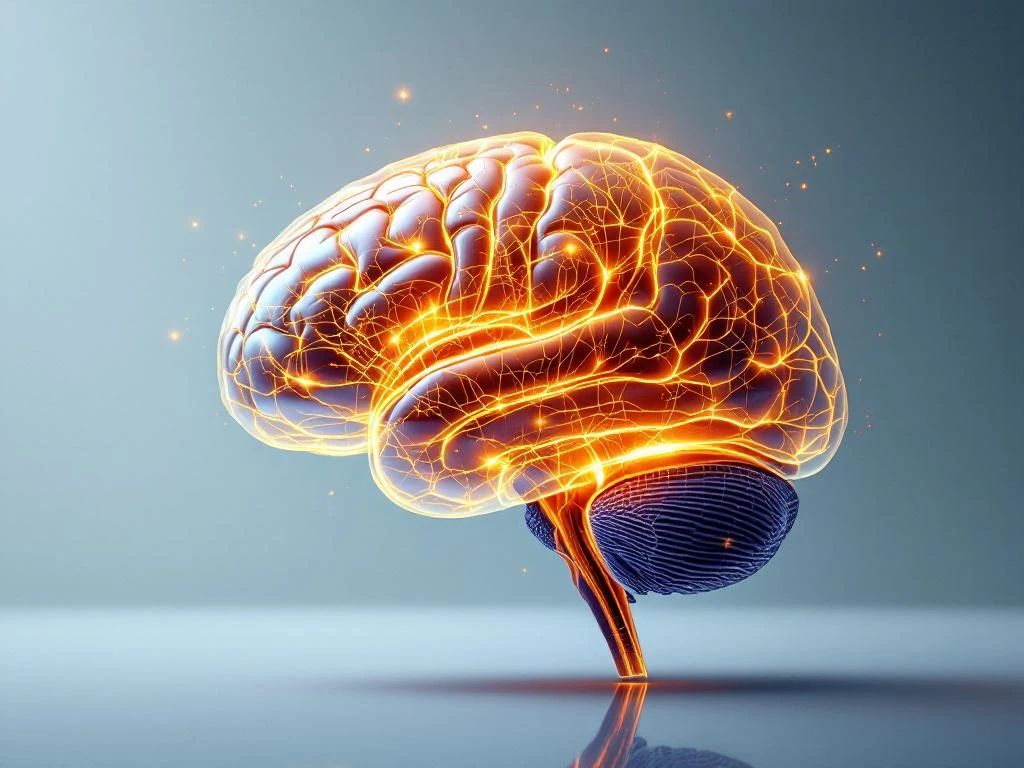 Doorsnede van menselijk brein met gloeiende neurale verbindingen en verstoorde migraine-activiteit in medische omgeving