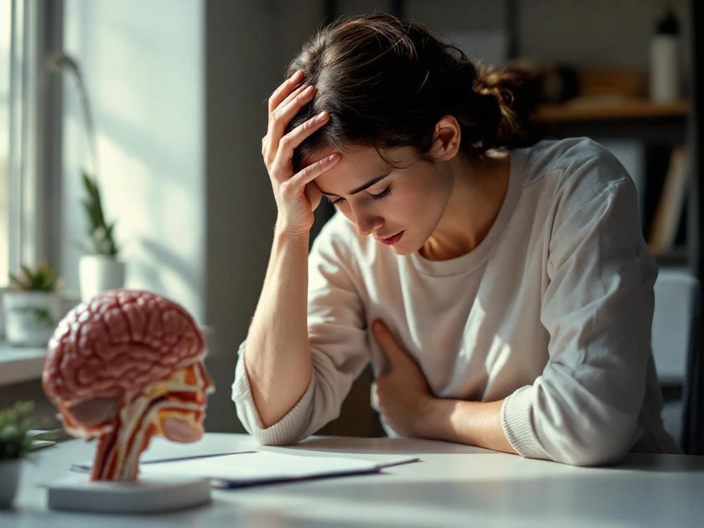 Persoon houdt hoofd vast van ongemak met hand op buik, hersenen en spijsverteringsmodellen op medisch bureau zichtbaar