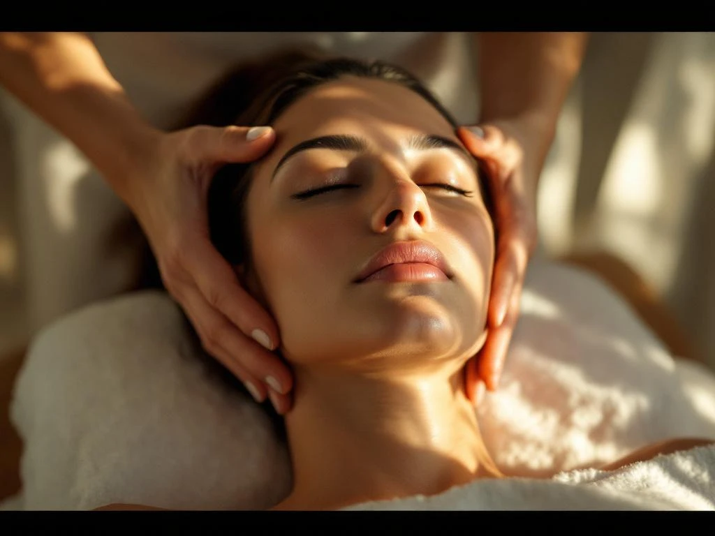 Vrouw ontvangt ontspannende hoofd- en nekmassage met gesloten ogen, massagetherapeut behandelt schedelbasis in rustige spa