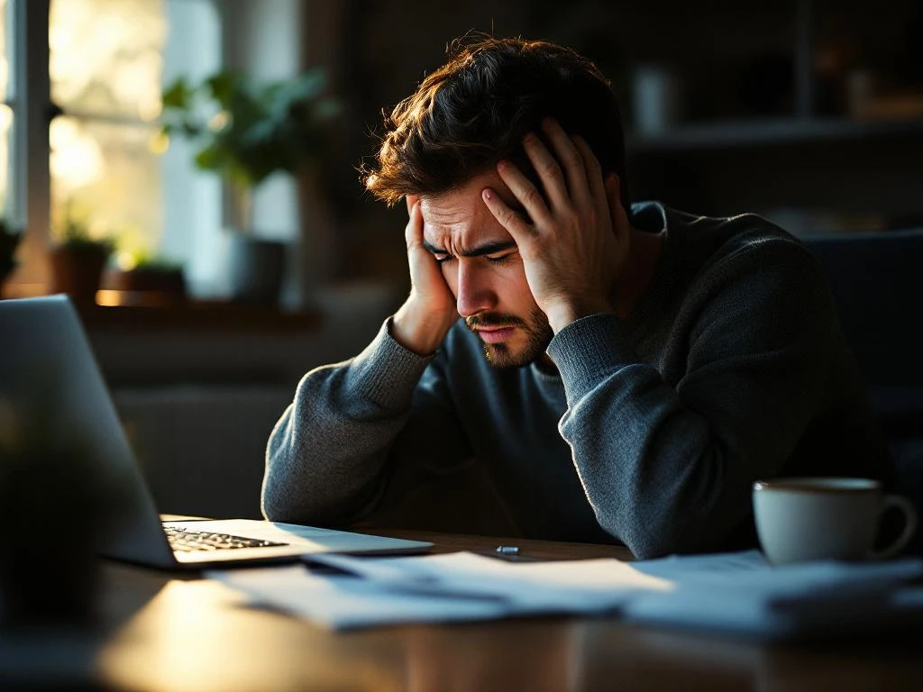 Persoon met hoofdpijn zit aan bureau met laptop, houdt hoofd in handen bij raam met warm licht
