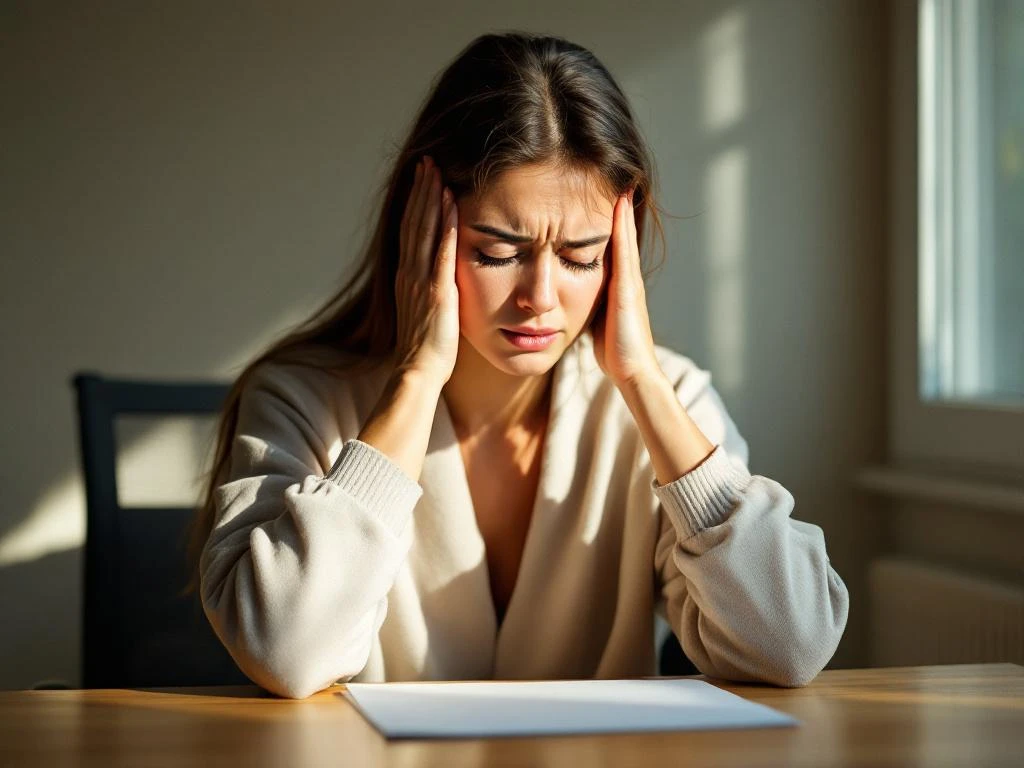 Persoon met hoofdpijn masseert slapen aan houten bureau bij raam met natuurlijk licht