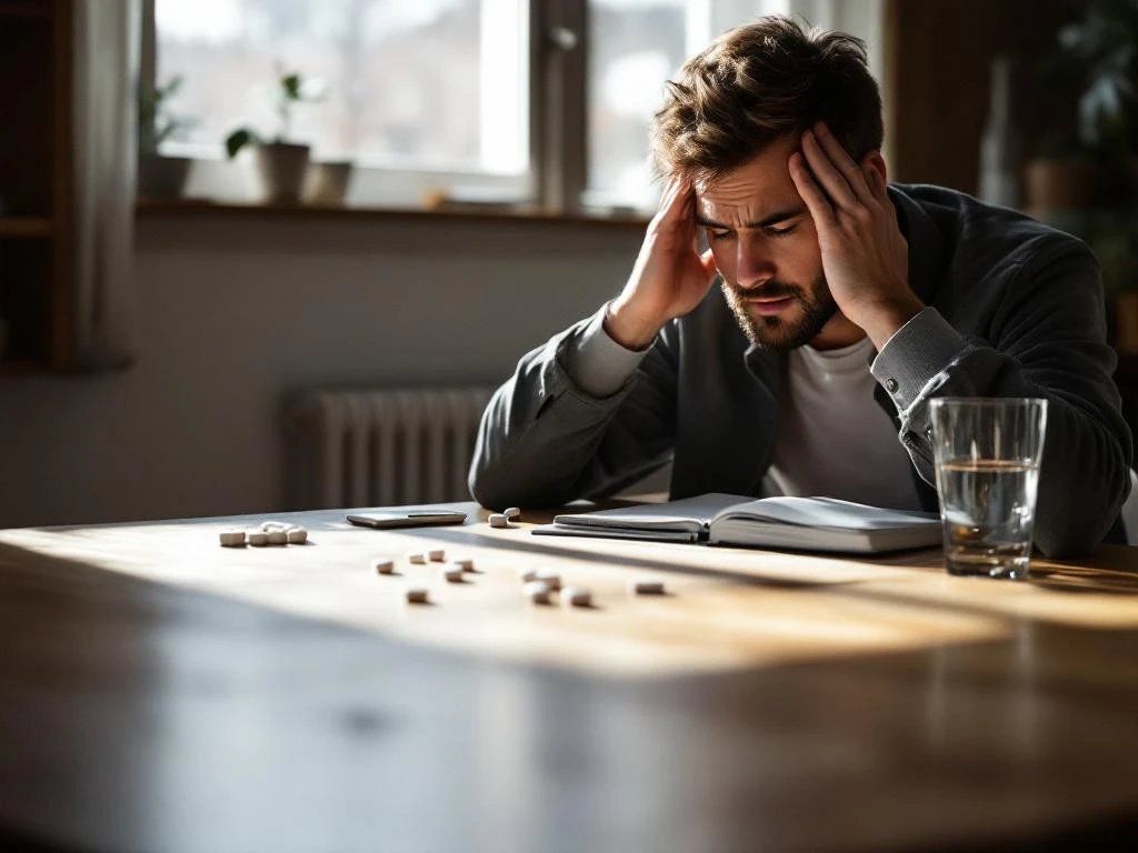 Persoon met hoofdpijn houdt hoofd vast aan houten bureau met water en aspirine tabletten