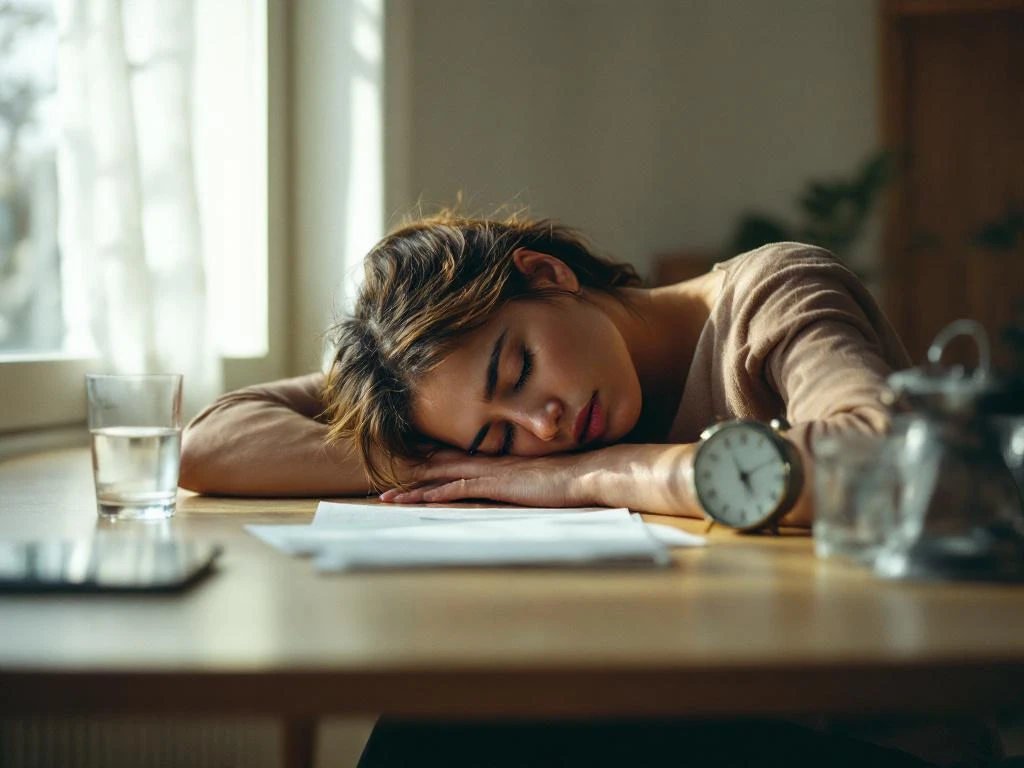 Persoon met hoofdpijn zittend aan houten bureau, hoofd in handen, glas water en klok zichtbaar, natuurlijk licht