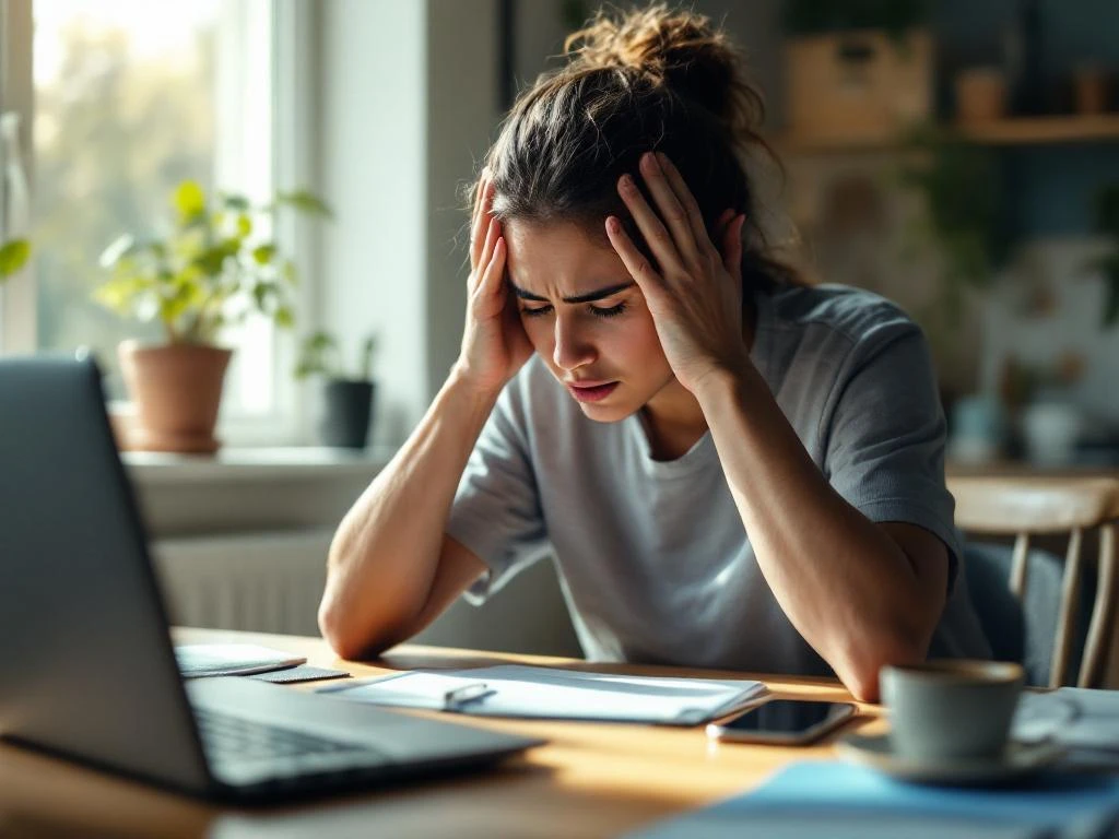 Persoon houdt hoofd vast vanwege hoofdpijn aan houten bureau met laptop, koffiekop en smartphone in natuurlijk licht