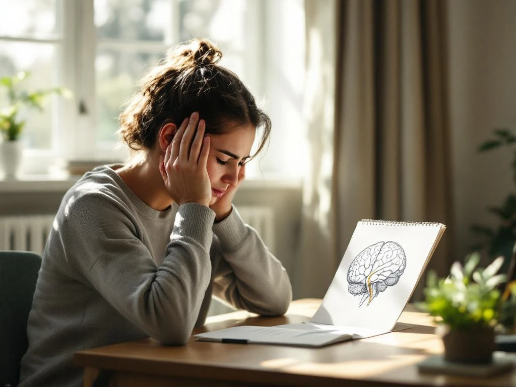 Persoon met hoofdpijn houdt hersenillustratie vast aan houten bureau bij raam met natuurlijk licht