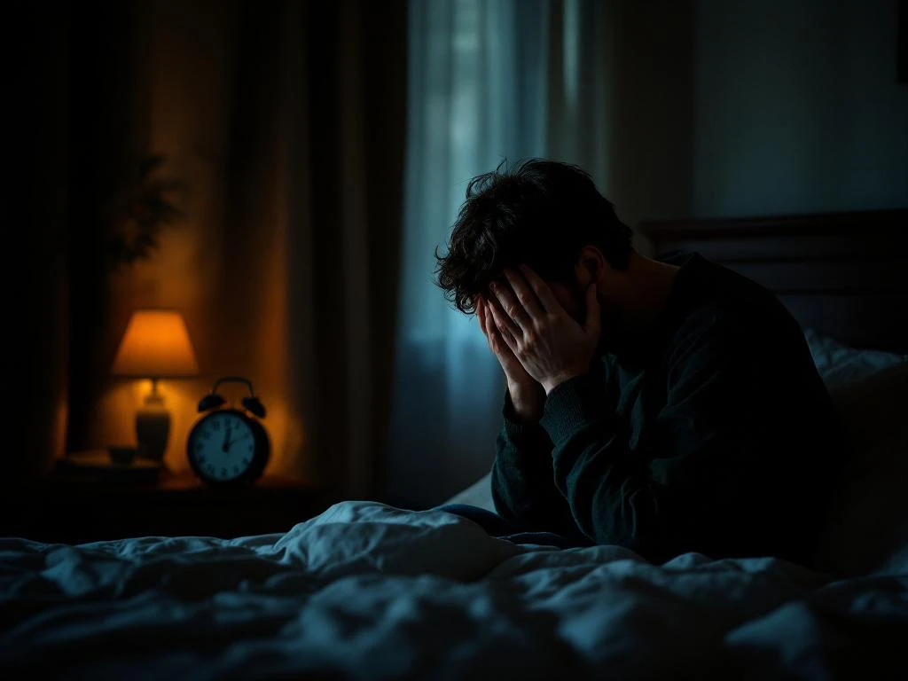 Persoon zit uitgeput op bedrand met hoofd in handen in schemering slaapkamer, vroege ochtend op wekker zichtbaar