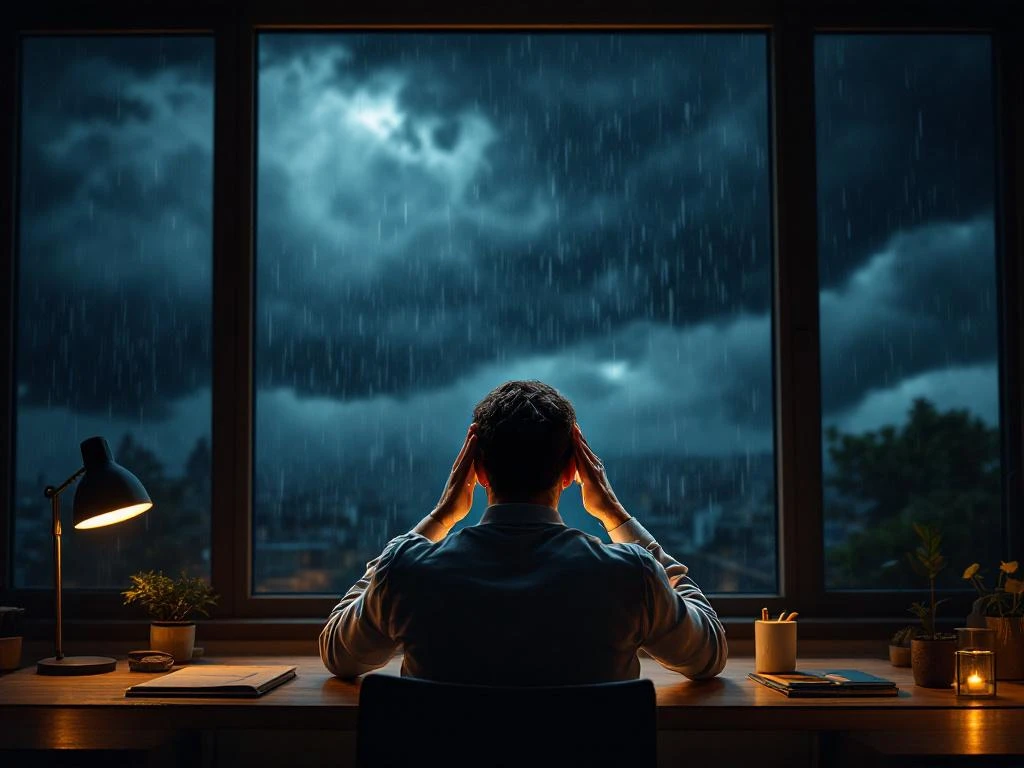 Persoon houdt hoofd vast van hoofdpijn aan bureau terwijl storm buiten raamt, donkere wolken en regen zichtbaar