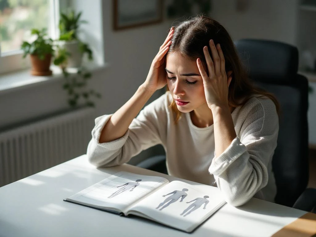 Persoon met hoofdpijn zittend aan bureau met open notitieboek met lichaamsdiagrammen, natuurlijk licht
