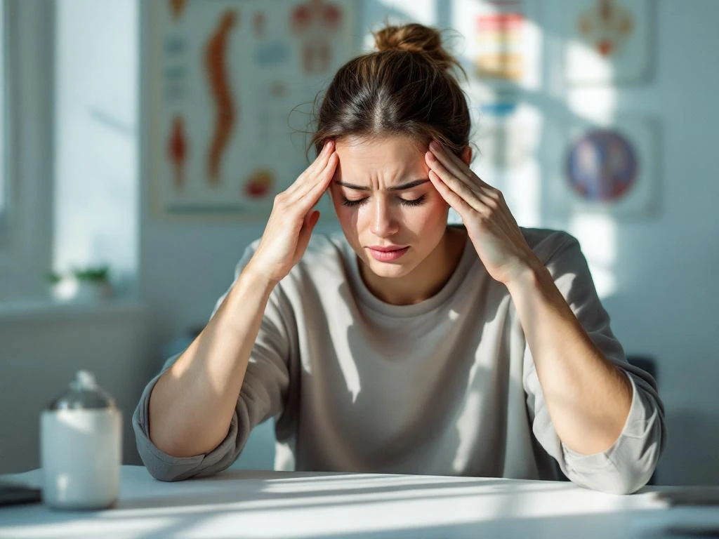 Persoon houdt hoofd vast vanwege hoofdpijn tijdens medisch consult, spinale anatomie poster op achtergrond