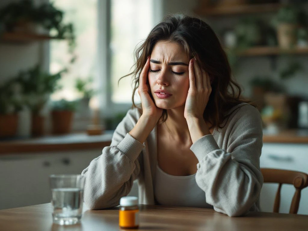 Vrouw van dertig masseert slapen aan keukentafel met gesloten ogen, water en medicijnen nabij in natuurlijk licht